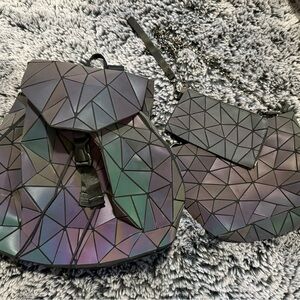 Geometric Iridescent Backpack and Pouch Set